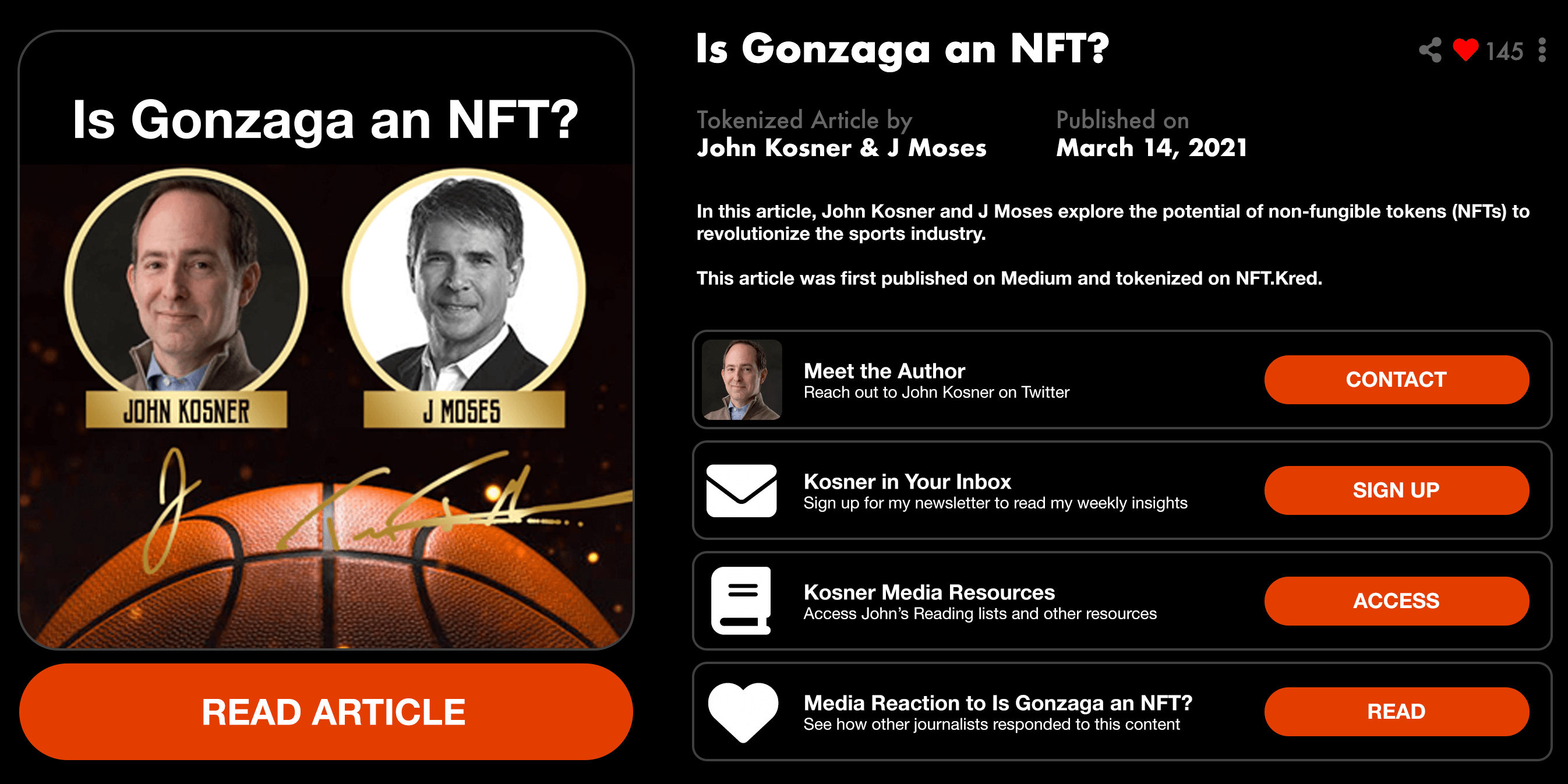 Tokenized Article NFT Page with Benefits